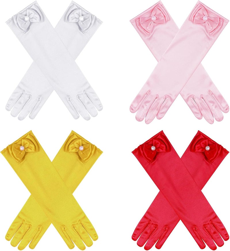 Yolyoo 4 Pairs Satin Princess Gloves,Pearl Long Stain Gloves for Halloween Costume Wedding Birthday and Theme Party - Image 1